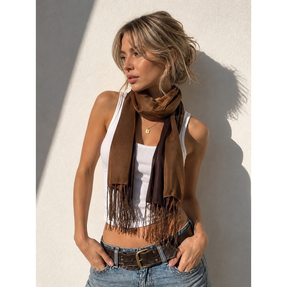 Pinto Como Italy Scarf Womens Brown Silkโ Blend Sheer Satin Fringe Y2K metallic